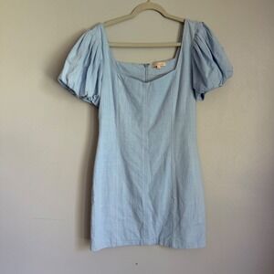 Hidden Label Light Blue Cotton Linen Puff Sleeve Square Neck Mini Dress Large‎